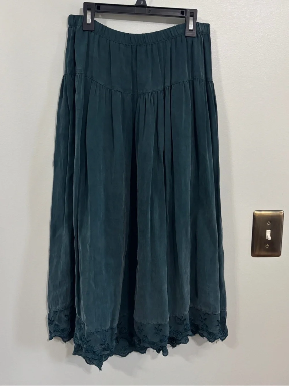 Vintage Johnny Was embroidered rayon midi skirt green